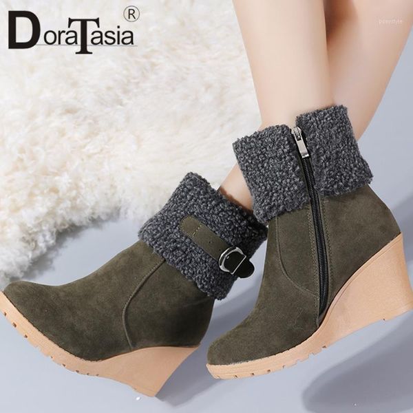 

boots doratasia snow for women winter warm add thick fur platform wedges shoes slip on ladies round toe ankle size 34-431, Black