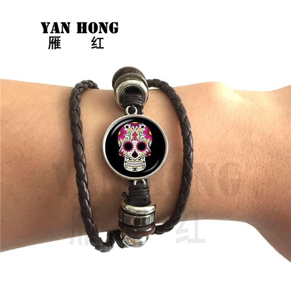 

коричневый кожаный браслет черепа браслет 20мм стеклянный купол время gem посеребренная ювелирные изделия день смерти браслет yxlhpr otsweet, Golden;silver