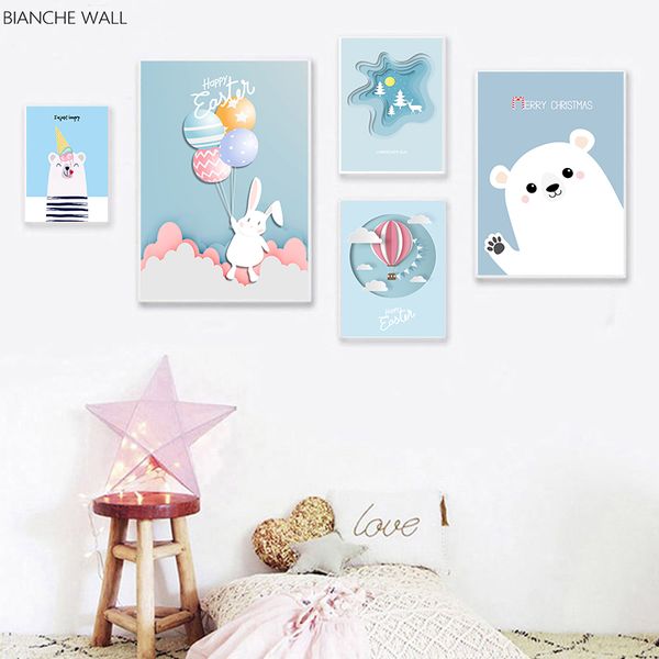 

детские детские wall art холст poster print blue theme white rabbit медведь мультфильм картина nordic kid спальня украшения картины