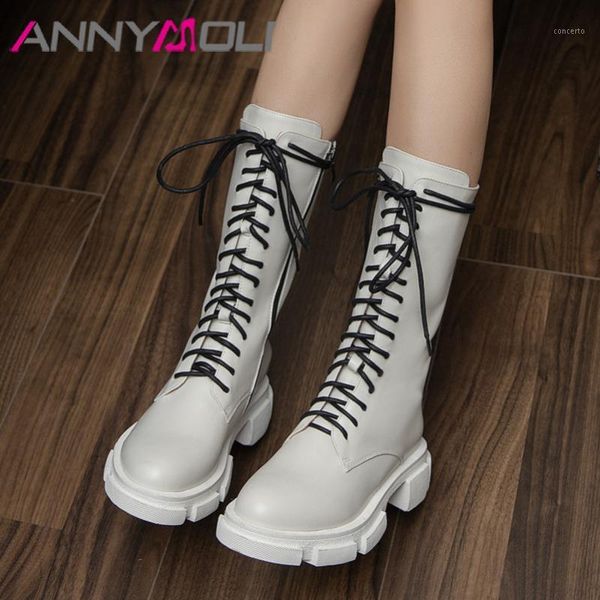 

annymoli real leather platform mid heel motorcycle boots women shoes lace up zip chunky heels mid calf boots autumn winter 401, Black