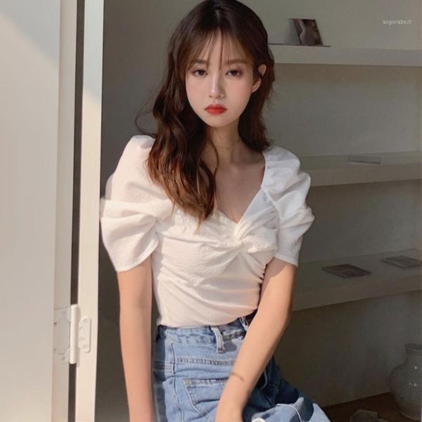 

women crop simple elegant v neck short puff sleeves shirts sweet solid color blouse1, White