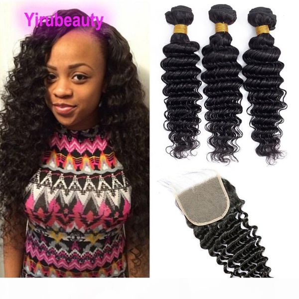 

malaysian human hair 5*5 closure with 3 bundles deep wave 5x5 lace closure baby hair with bundles double wefts 4pcs natural color, Black;brown