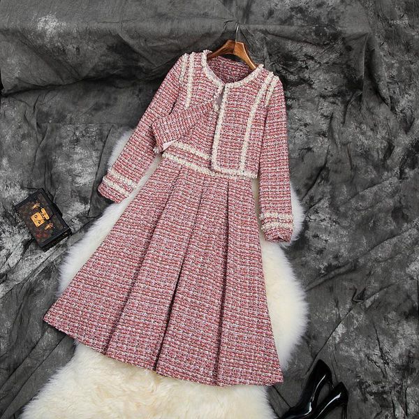 

banulin winter new fashion women's tweed short coat and dress two-piece suit women's beading dress 2 piece sets1, White