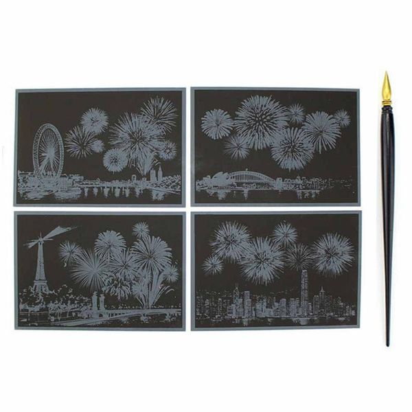 

4pcs daily life collection fireworks diy drawing greeting office school memory colorful scratch gift postcard set