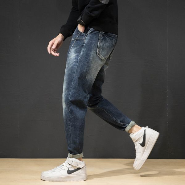 

2021 new fashion streetwear men's brem loosely adjusted designer elastic waistband style hip denim pants p2z8, Blue