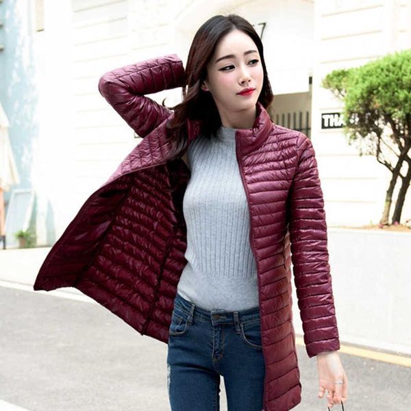 

solid color standing collar down jacket women 2021 winter thin and light fashion no cap long loose female feather coats s-4xl, Black