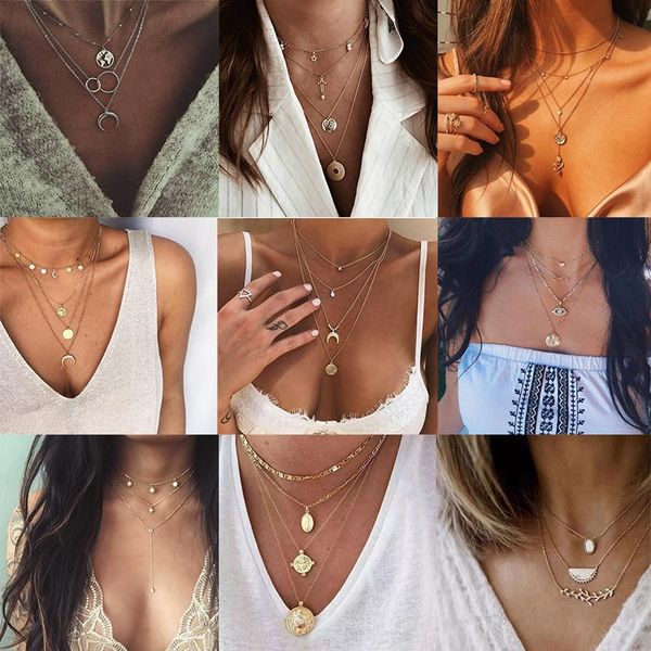 

fashion gold silver multilayer choker necklaces & pendants for women fashion round moon map chain collier femme bohemian jewelry