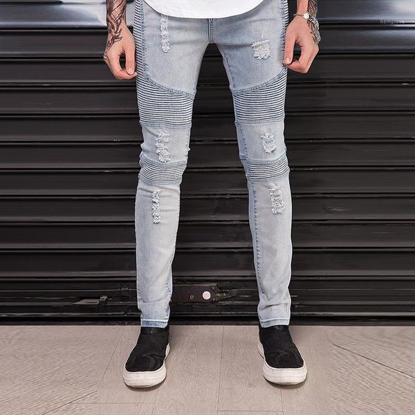 

tide men motorcycle ripped stretchy skinny biker jeans pleated stitching slim destroyed fashion streetwear hip hop denim pants1, Blue