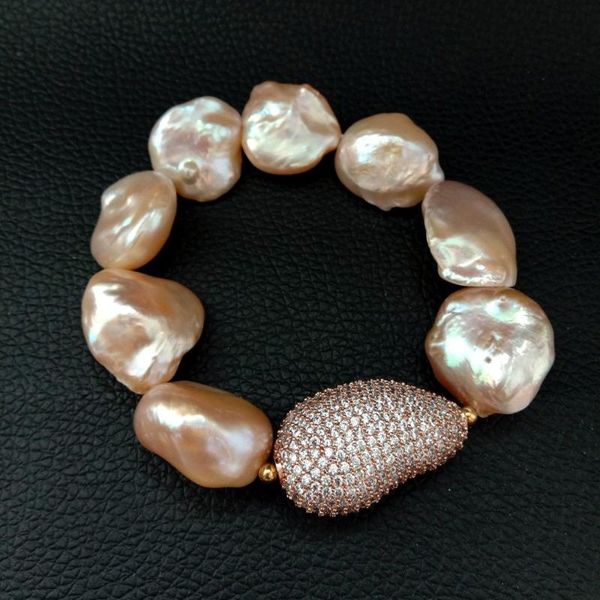 

b012933 18x23mm 8'' pink gray keshi pearl stretch bracelet cz connector, Black