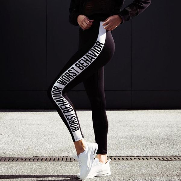 

new worst behavior letter print leggings patchwork women workout elastic capri pant female fitness leggins high waist trouser, Black