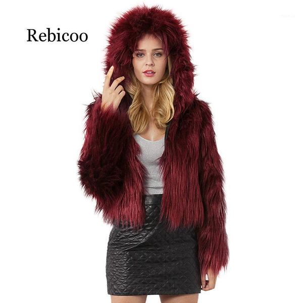 

women jacket fluffy faux fur hooded coat new winter fashion crop long sleeve women party streetwear lady outerwear outcoat1, Black