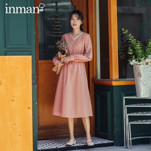 

inman 2020 autumn winter new arrival sleeve shoulder embroidery jacqueline sweet lady women a line dress, Black;gray