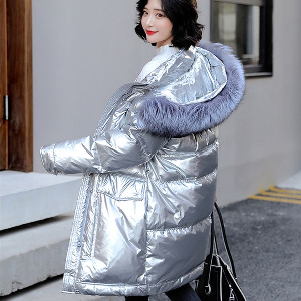 

2021 New Bright Color Great Regal Skin Collar 90% White Coat Warm Bulk Silver Down Parka Snow Outwear PCVR, Black