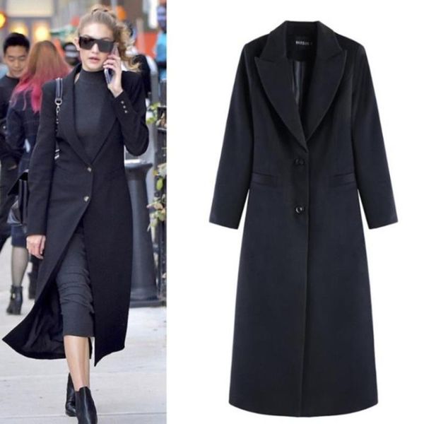 

women's wool & blends 2021 fashion autumn winter woolen blend x long coat black slim turn down collar