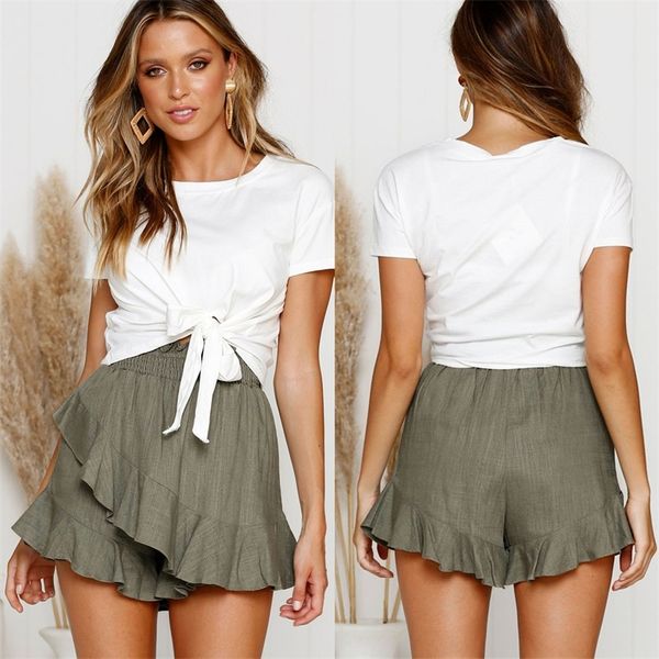

fashion wide leg short pants summer green yellow ruffled elastic waist women shorts y200512, White;black