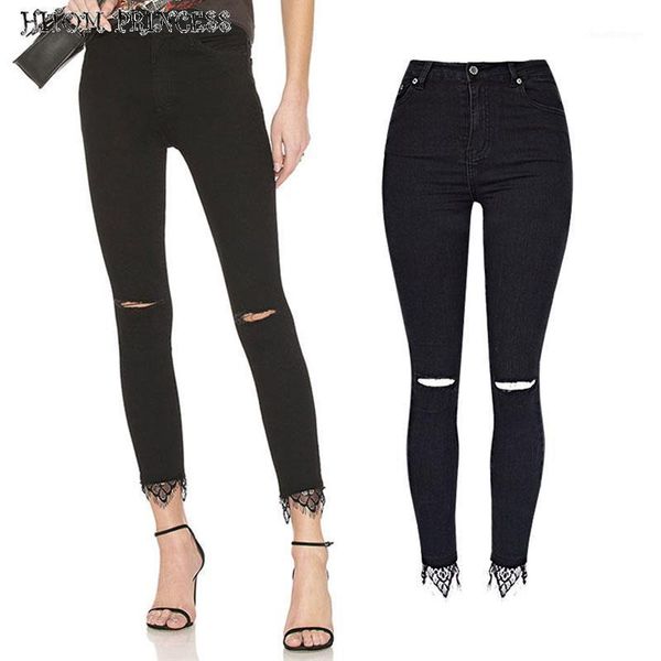 

hitom princess black skinny women jeans hole ripped lace spliced pencil pants high waist denim jeans femme plus size woman1, Blue