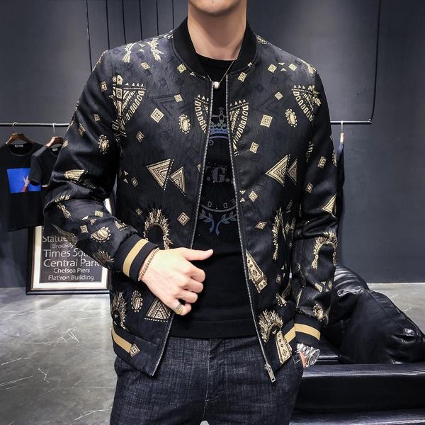

2020 men's jacket men's jacquard woven loose coat zip jacket casual slim fit pilot clothing, Black;brown