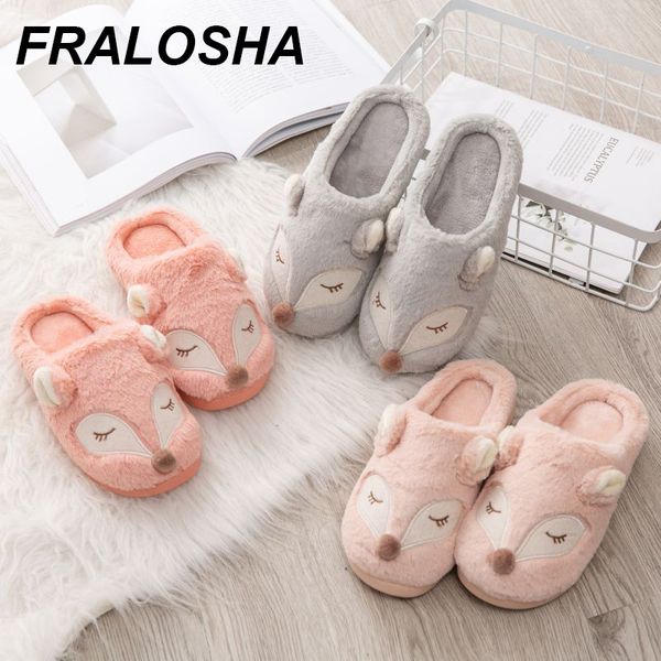 

indoor home floor soft women's shoes warm cute animal fox winter fur home shoes women's warm cotton slippers q0108, Black