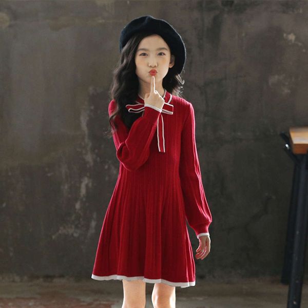 

girls' long sve autumn winter 2020 children's cotton knitting skirt scarlet new year's drsq6tf, Red;yellow