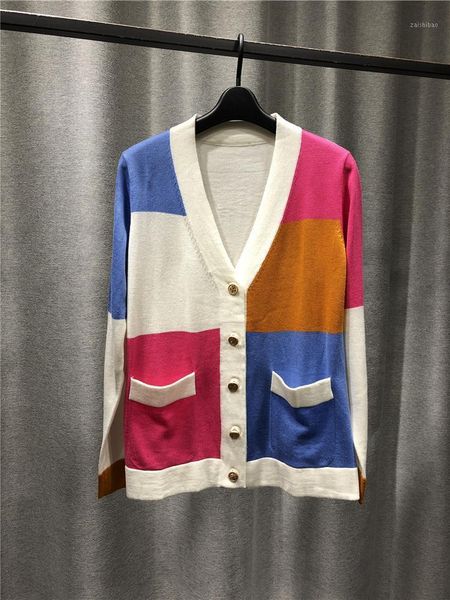 

women sweater autumn style pure wool long sleeve knitted cardigan multi color joining together design pocket decoration1, White