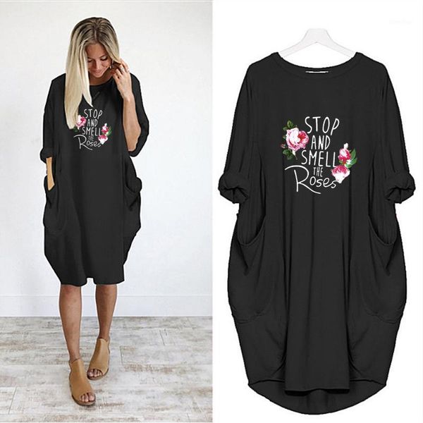 

women dress printing flower pocket loose dresses vintage fall clothes party club casual women plus size 5xl dress 20201, Black;gray