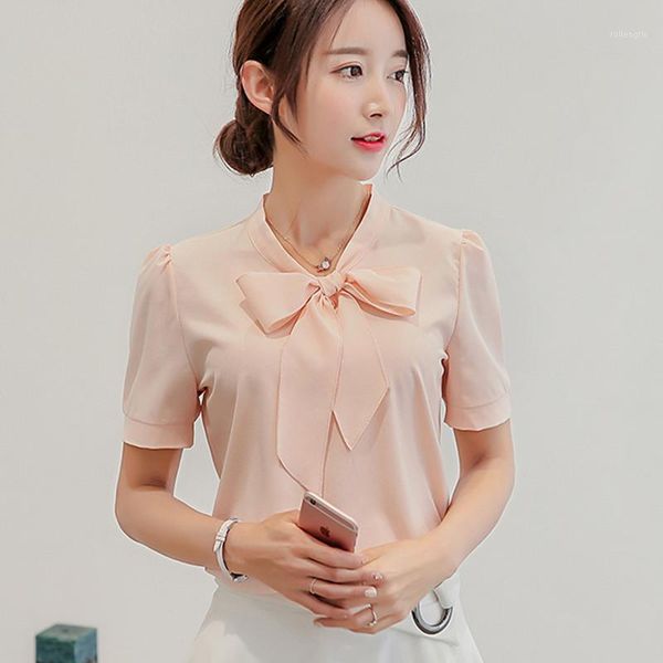 

korean sweet bow chiffon shirt women summer blouse casual short / long sleeve woman shirts spring office ladies pink white 1