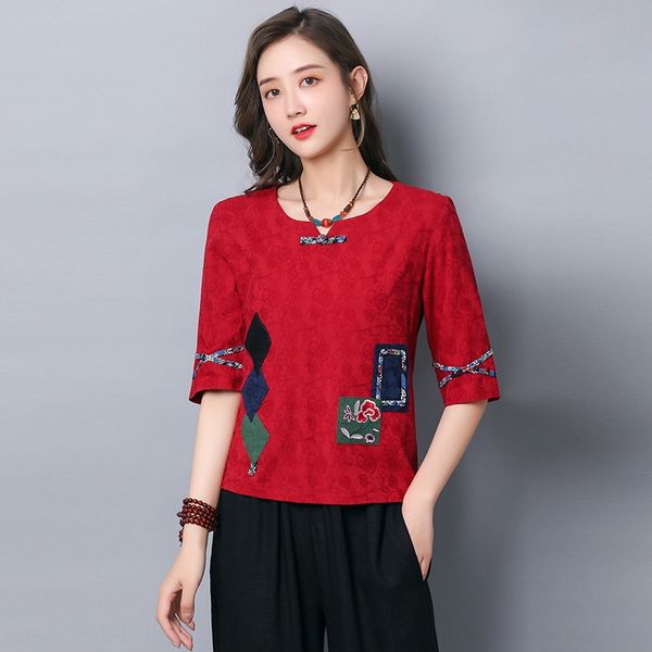 

s662 хлопка и конопли жаккардовые потерять футболку для женщин 2020 летом вставили вышитые top жаккарда вышивки jacquardfive точка рукав све, White