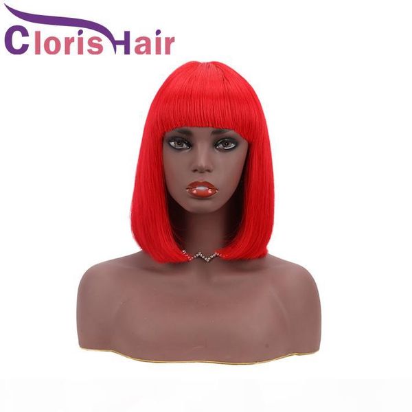 

pixie cut red bob wig 100% human hair straight brazilian remy short glueless wigs with bangs for black women red colored front non lace wig, Black;brown