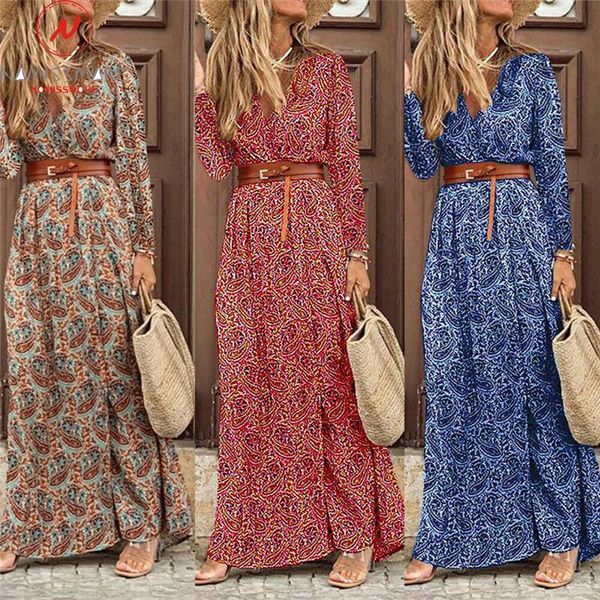

bohemian women spring autumn long dress belt design v-neck long sleeve mid waist flower print slim a-line dress for streetwear, Black;gray