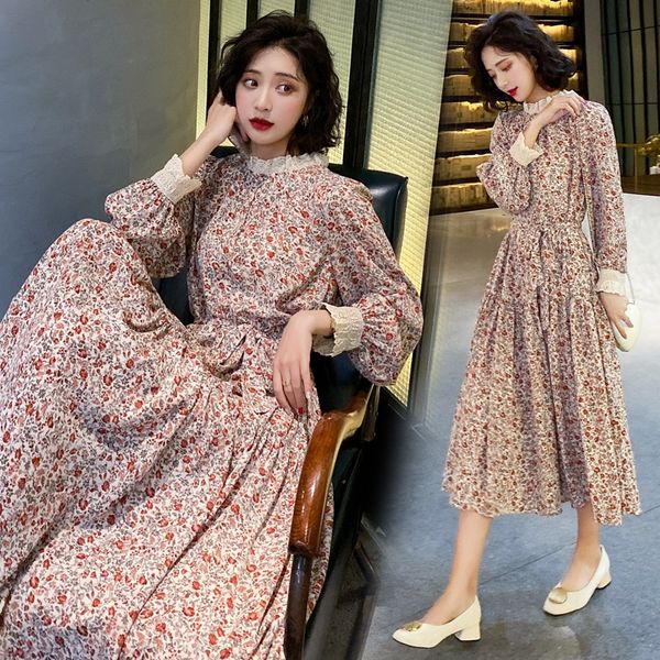 

floral dress women's spring and lace autumn women's clothing 2020 autumn new popular long-sleeved lace chiffon bottoming skirt evx, Black;gray