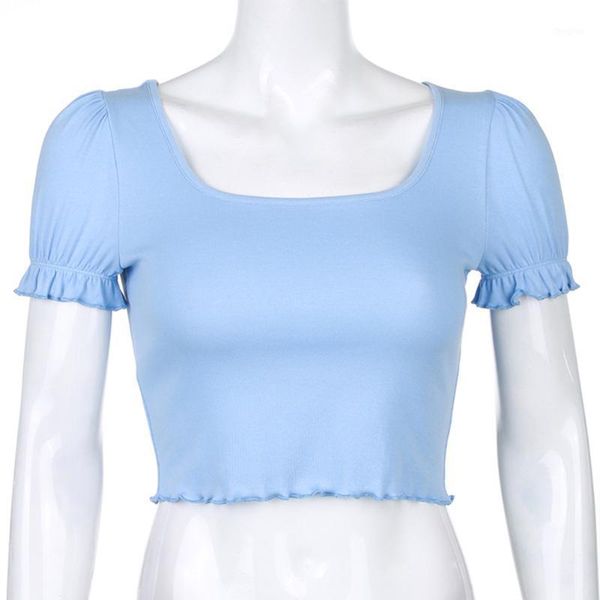 

women crop square neck t-shirts elastic ruffle short sleeve summer tee shirt femme streetwear1, White