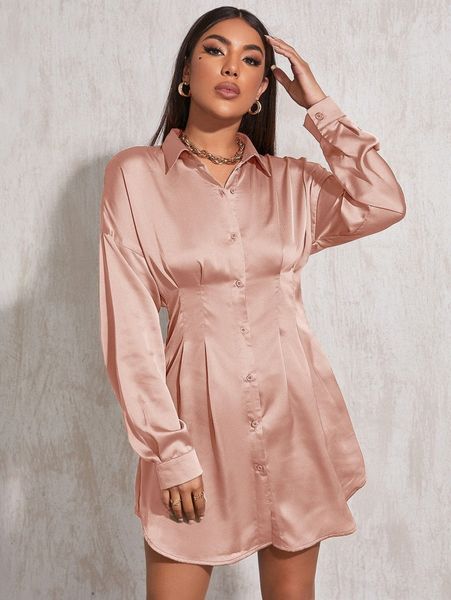 

drop shoulder ruched waist satin shirt dress 4061#, Black;gray