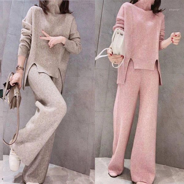 

women 2020 spring autumn casual two piece set female pullover sweater tracksuit high waist knit wide leg pants 2 piece suit y4751, White