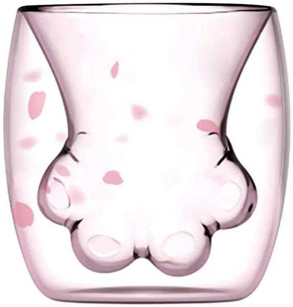 

6oz pink cat paw glass coffee mugs clear double wall es insulated milk tea juice wine whiskey water cup (pink paw)933r