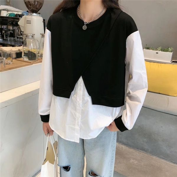 

autumn new style women's clothing stitching fake t- shirt two long sleeve shirts t-shirt women's korean version versatile casual t, White
