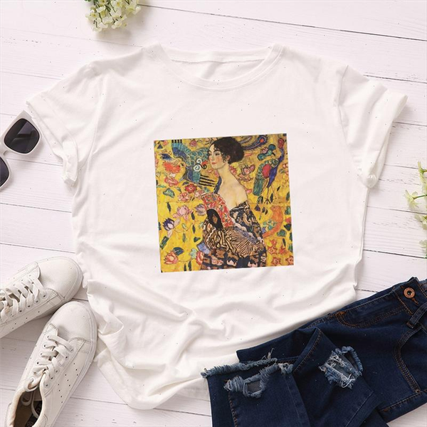 

summer women t shirts short sleeve casual white polyester oil painting tshirts print graphic tees girls ladies nordic top