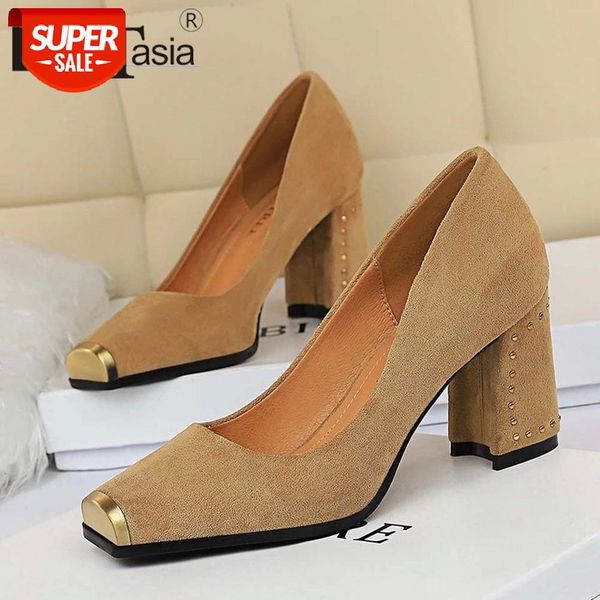 

doratasia new fashion ladies shallow slip on pumps rivet elegant office pumps women square toe thick high heels shoes woman #7p1d