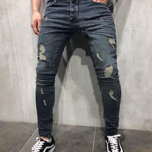

2020 mens cool pencil jeans skinny ripped destroyed stretch slim fit hop hop pants with holes for men, Blue