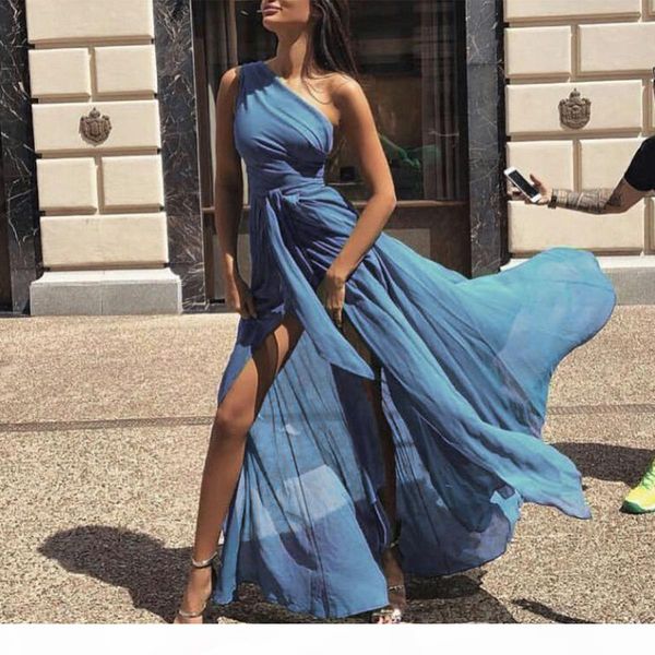 

one shoulder long chiffon evening dresses pleat front split bow prom party dress floor length in stock 2018 new arivals, White;black