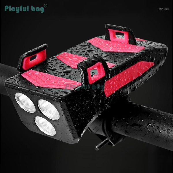 

playful bag multifuctional bicycle headlight mobile phone bracket usb charger 140db horn creative waterproof bike led light ab051