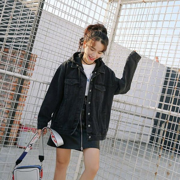 

women's jackets women hooded denim jacket two piece 2021 ladies oversize distressed jean patchwork design black blue coats outwear1, Black;brown