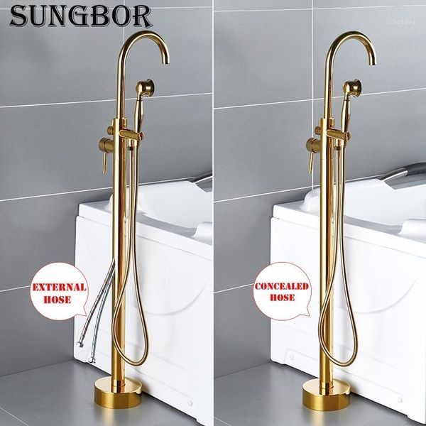 

bathtub faucet gold round spout single handle mixer water taps bathroom bath hand shower floor mounted tub faucet set hd-2678k11
