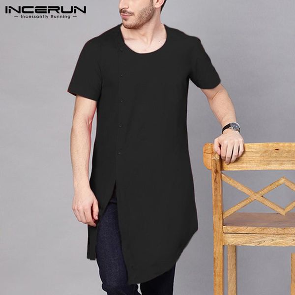 

incerun summer short sleeve t shirt men round neck breathable streetwear casual stylish irregular t-shirts men solid color, White;black