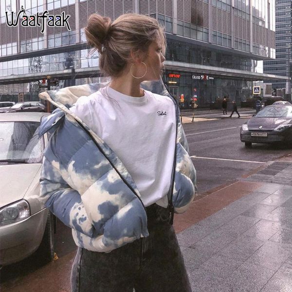 

women's down & parkas tie dye bubble coat women casual zipper up hooded autumn cotton puffer jacket parka winter ward cropped harajuku, Black