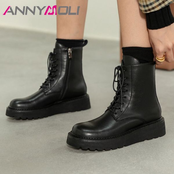 

boots annymoli real leather flats platform ankle motorcycle women shoes zip lace up round toe short female black 40
