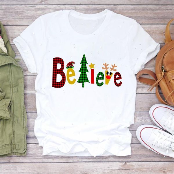 

women christmas letter tree deer printing plaid 90s holiday print lady tshirt ladies graphic t shirts female tee t shirt, White