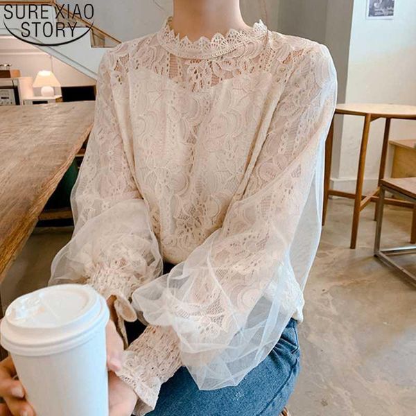 

women's blouses & shirts women autumn vintage mesh clothes lantern long sleeve lace stand collar 2021 sweet korean loose blusas 104561, White