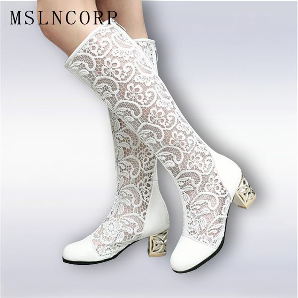 

size 34-46 new fashion women knee high boots square heel zipper lace mesh boots summer cool boots breathable women's shoes y200723, Black