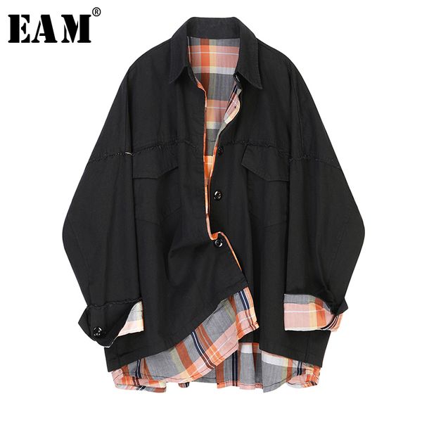 

eam] loose fit black plaid stitch big size jacket new lapel long sleeve women coat fashion tide spring autumn 2020 1x775 c1106, Black;brown