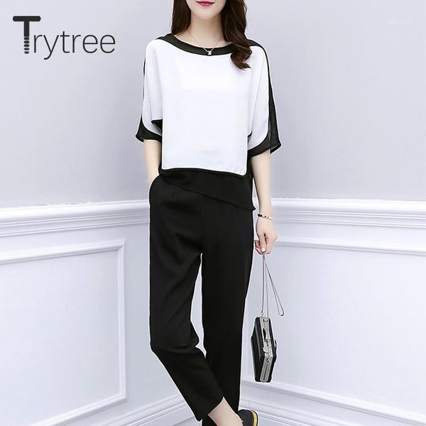 

trytree 2020 autumn women two piece set casual o-neck patchwork loose + pants solid fashion elastic waist set 2 piece1, White